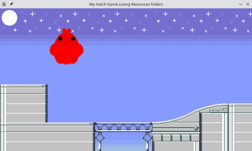 The scene with the Hatch logo on it, tinted red